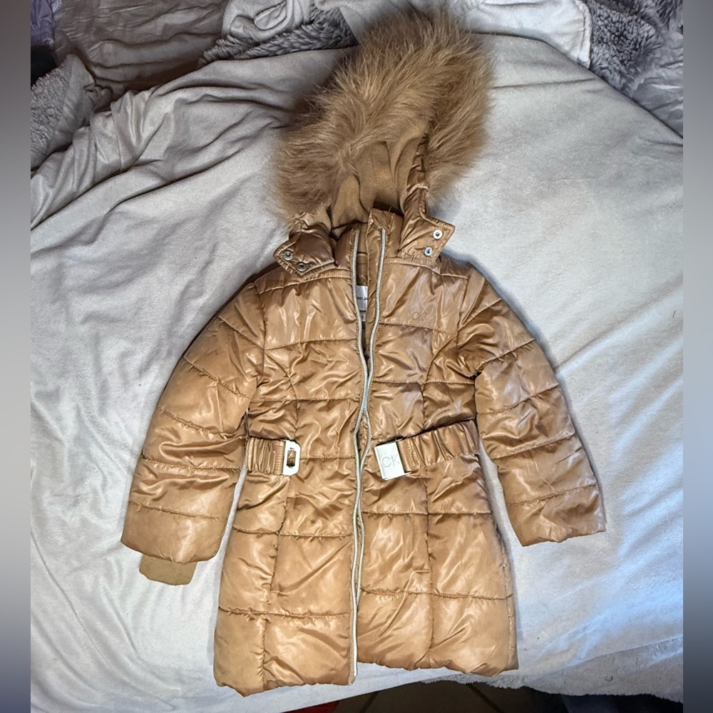 Kids Tan Puffer Coat with Faux Fur Hood